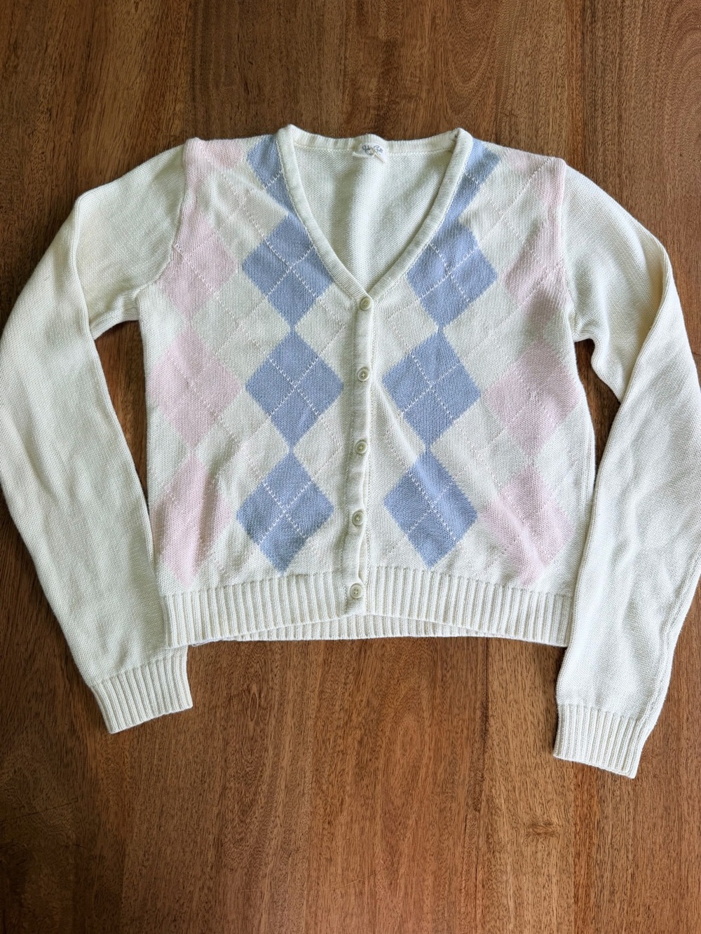 Brandy Melville Cream Argyle V-Neck Cardigan with Pastel Blue & Pink